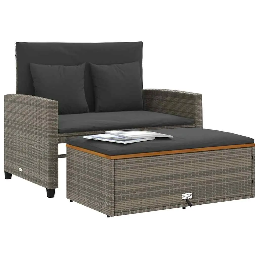 2-Seater Garden Sofa Bench Grey Poly Rattan Acacia Wood Outdoor with Cushions