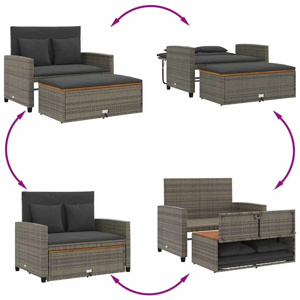 2-Seater Garden Sofa Bench Grey Poly Rattan Acacia Wood Outdoor with Cushions