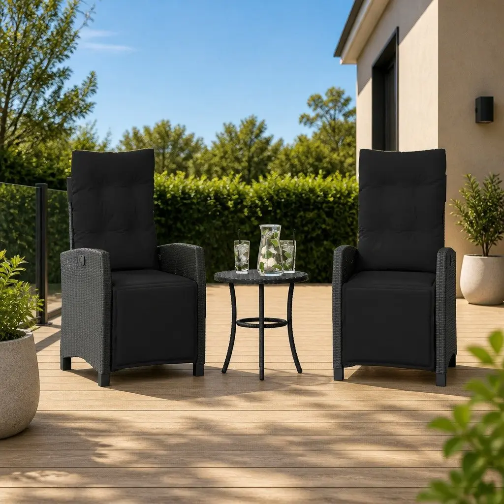 Outdoor Bistro Set Adjustable Backrest and Footrest 3 Piece Black