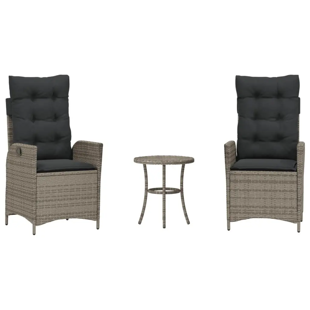 3 Piece Outdoor Bistro Set Grey Poly Rattan Garden Furniture with Cushions