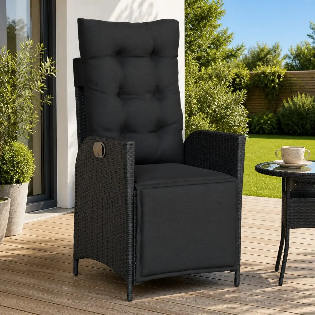 Reclining Garden Chair Adjustable Backrest Footrest Cushioned Outdoor Lounger Black