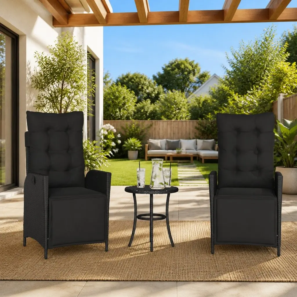 Black Reclining Garden Chairs Adjustable Footrest 2 Piece Outdoor Seating