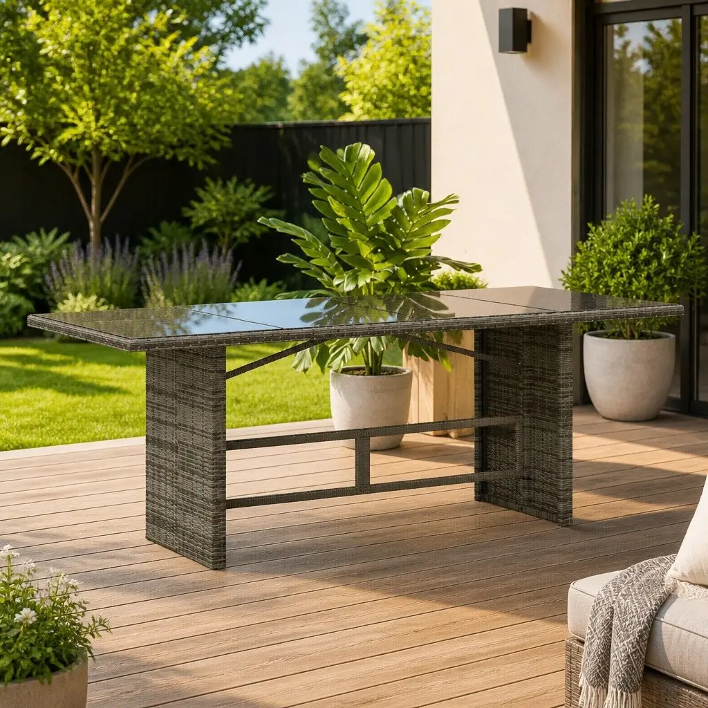 Garden Table Grey Poly Rattan Glass Top 190x80x74cm