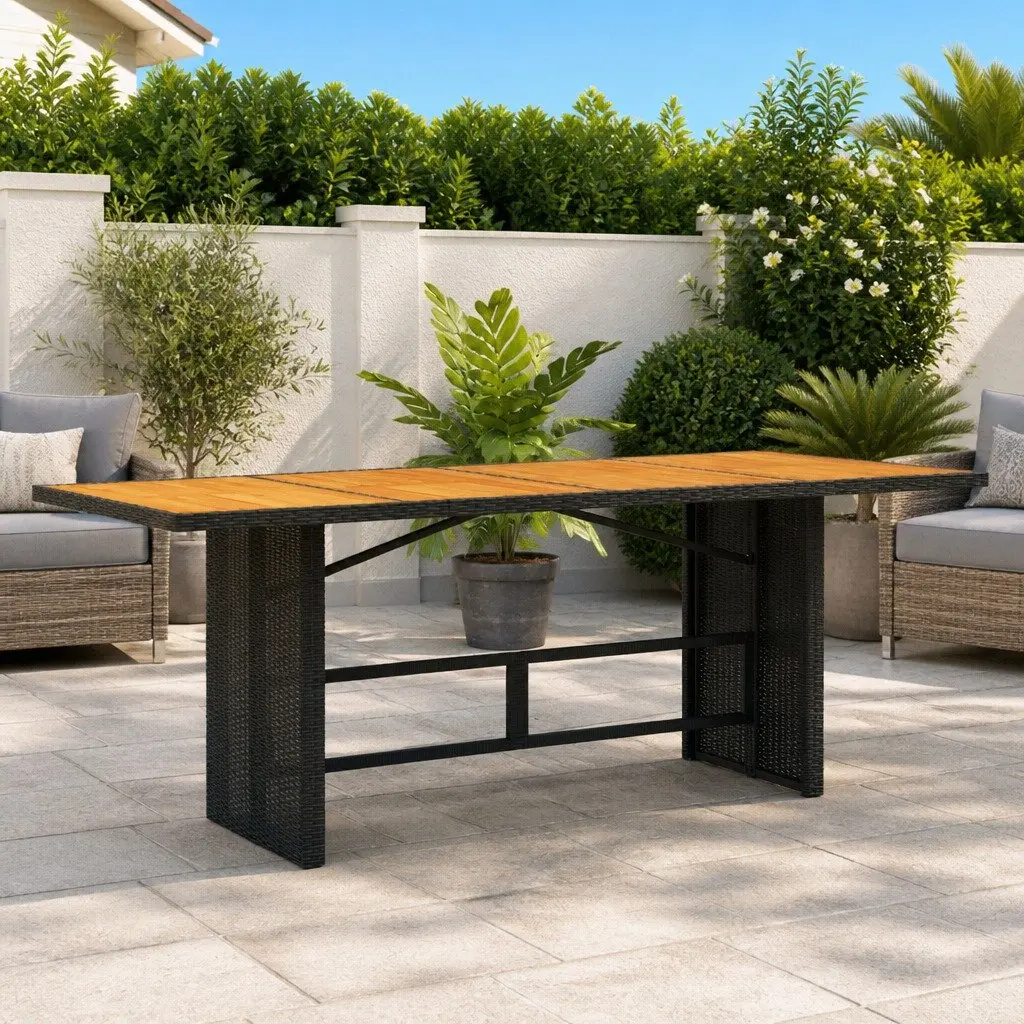 Garden Table Black Poly Rattan Frame Wooden Top 190L x 80W x 74H cm