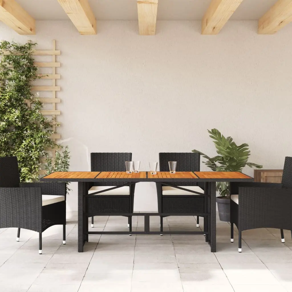 Garden Table Black Poly Rattan Frame Wooden Top 190L x 80W x 74H cm