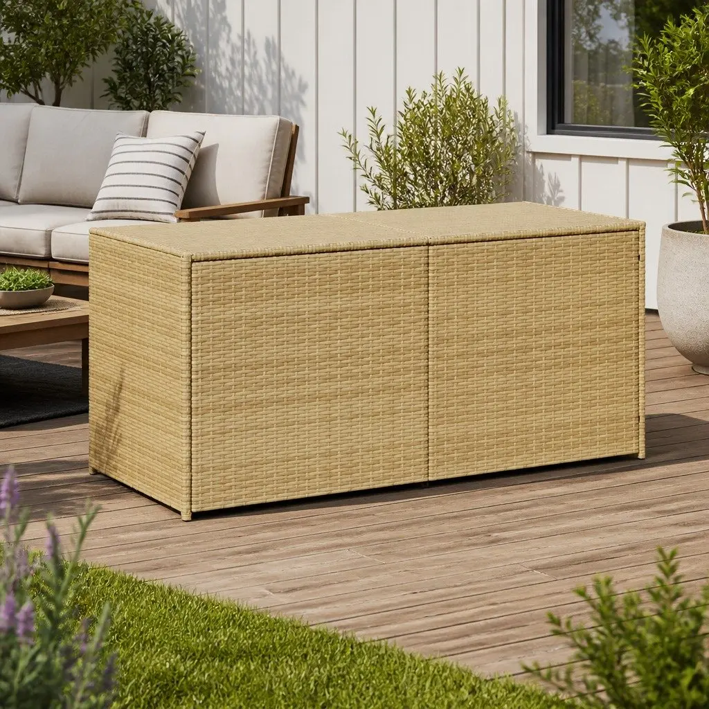 Garden Storage Box Beige Waterproof PE Rattan 283L Outdoor Patio Furniture