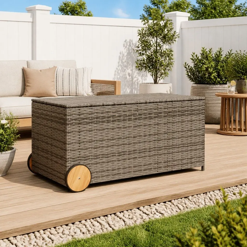 Garden Storage Box with Wheels Grey Outdoor Furniture Poly Rattan Patio Deck