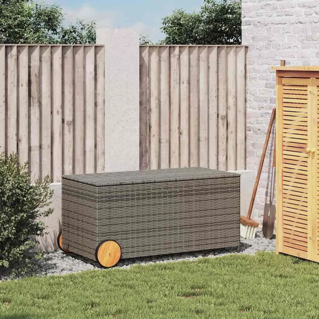 Garden Storage Box with Wheels Grey Outdoor Furniture Poly Rattan Patio Deck