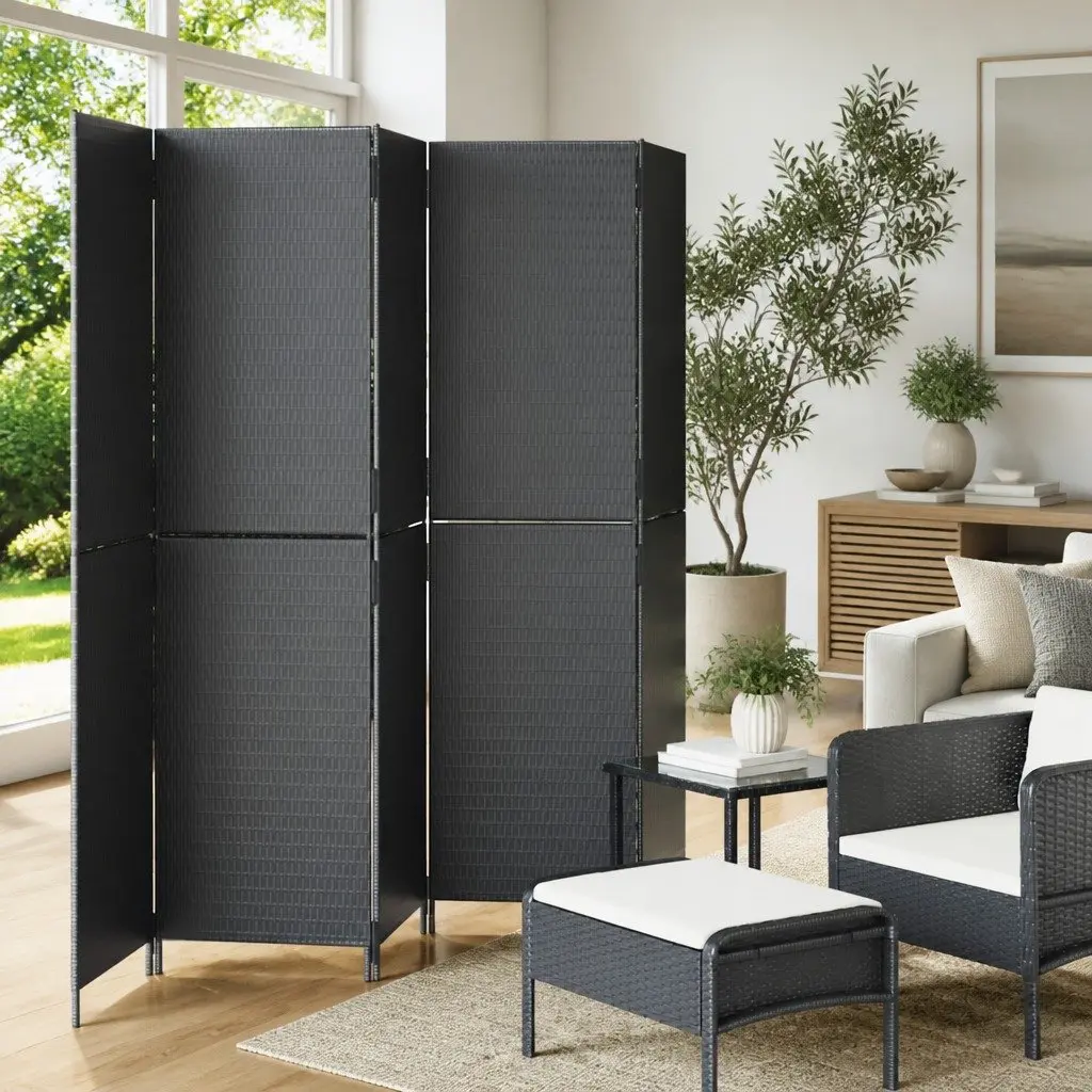 Room Divider Black Poly Rattan 5 Panels Folding Privacy Screen