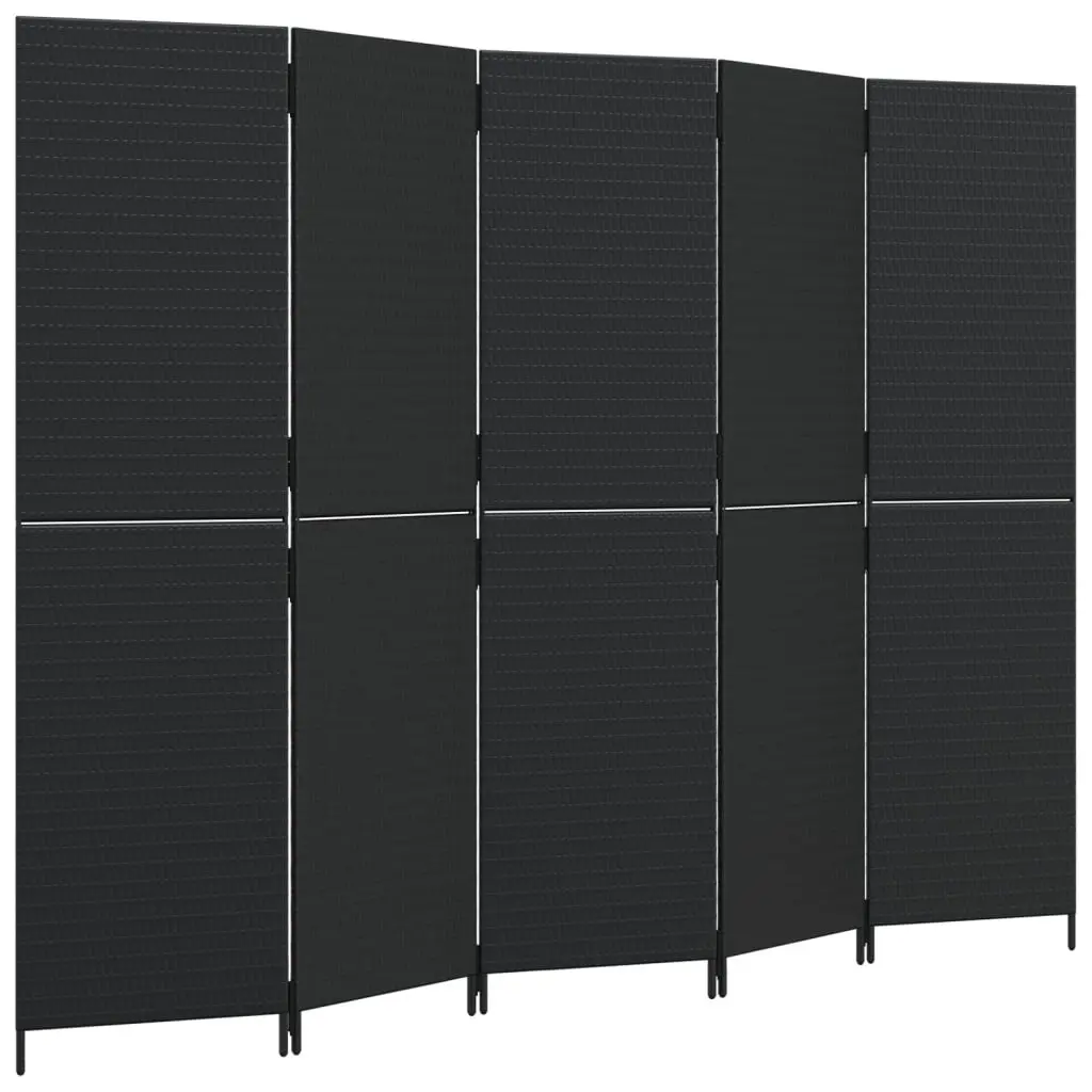 Room Divider Black Poly Rattan 5 Panels Folding Privacy Screen