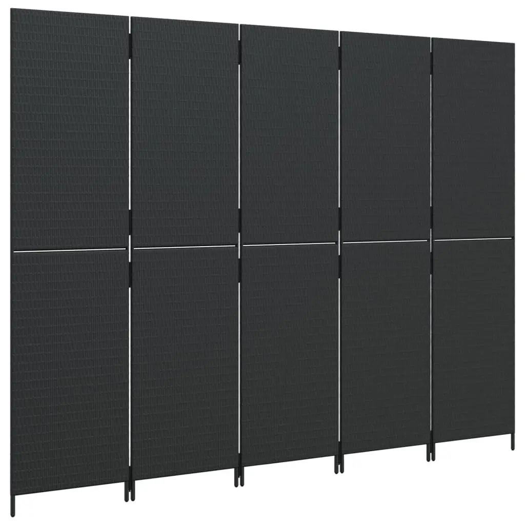 Room Divider Black Poly Rattan 5 Panels Folding Privacy Screen