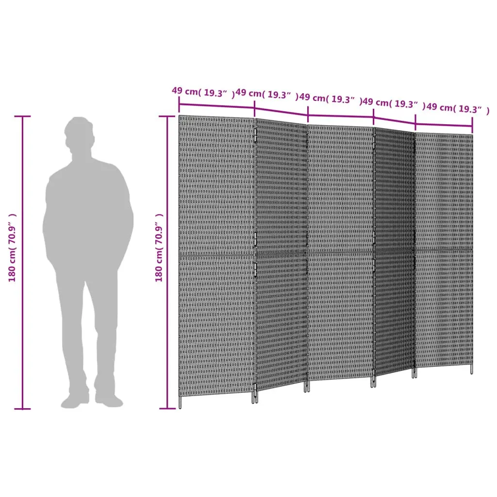 Room Divider Black Poly Rattan 5 Panels Folding Privacy Screen