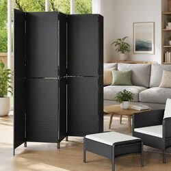 Room Divider 5 Panels Black Poly Rattan Folding Privacy Screen Partition