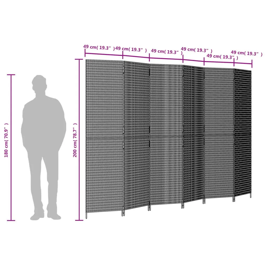 Room Divider Folding Privacy Screen 6 Panels Black Poly Rattan Indoor Outdoor