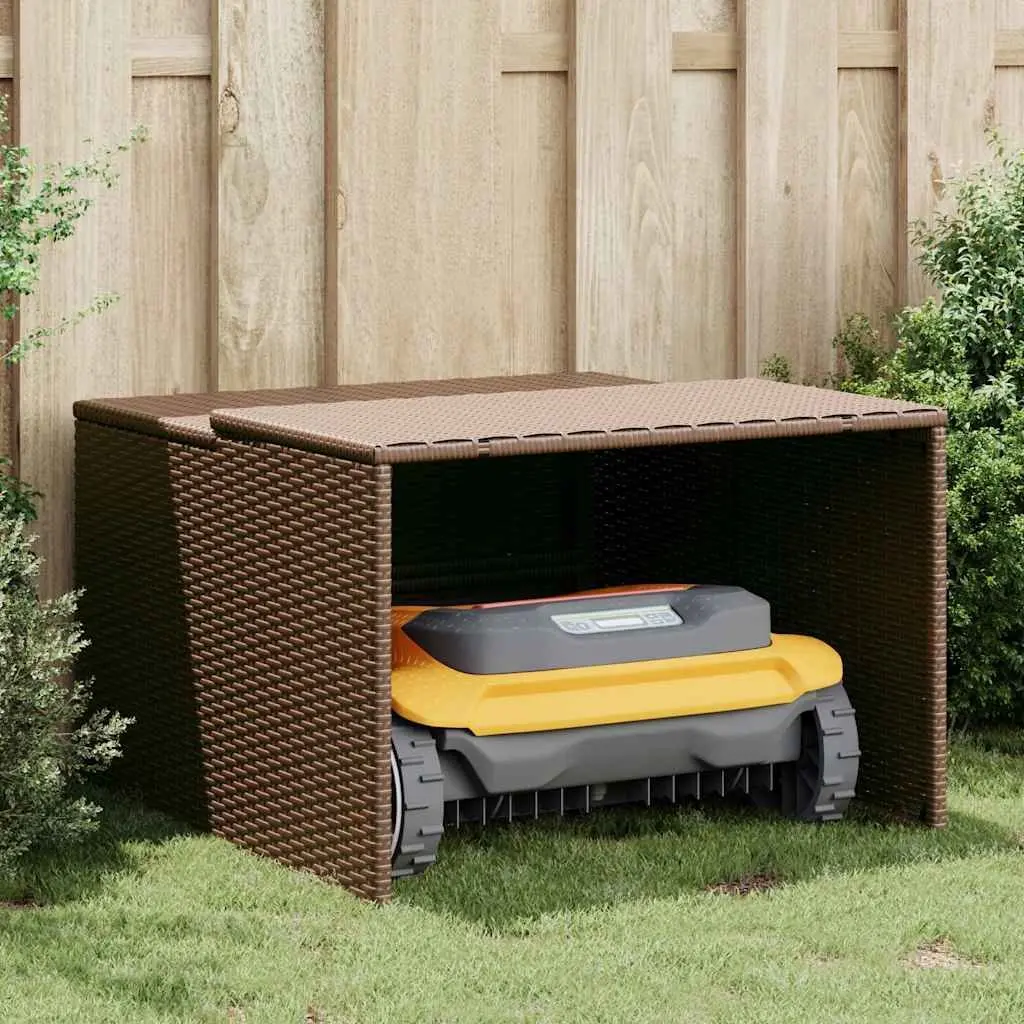 Robot Mower Garage Weather-resistant PE Rattan Brown Outdoor Storage Shed 86 x 90 x 52/57 cm