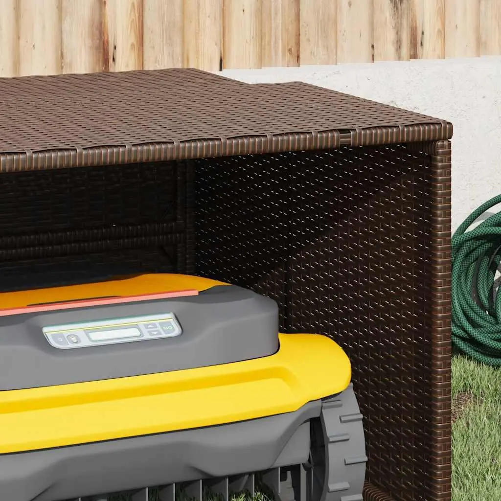 Robot Mower Garage Weather-resistant PE Rattan Brown Outdoor Storage Shed 86 x 90 x 52/57 cm