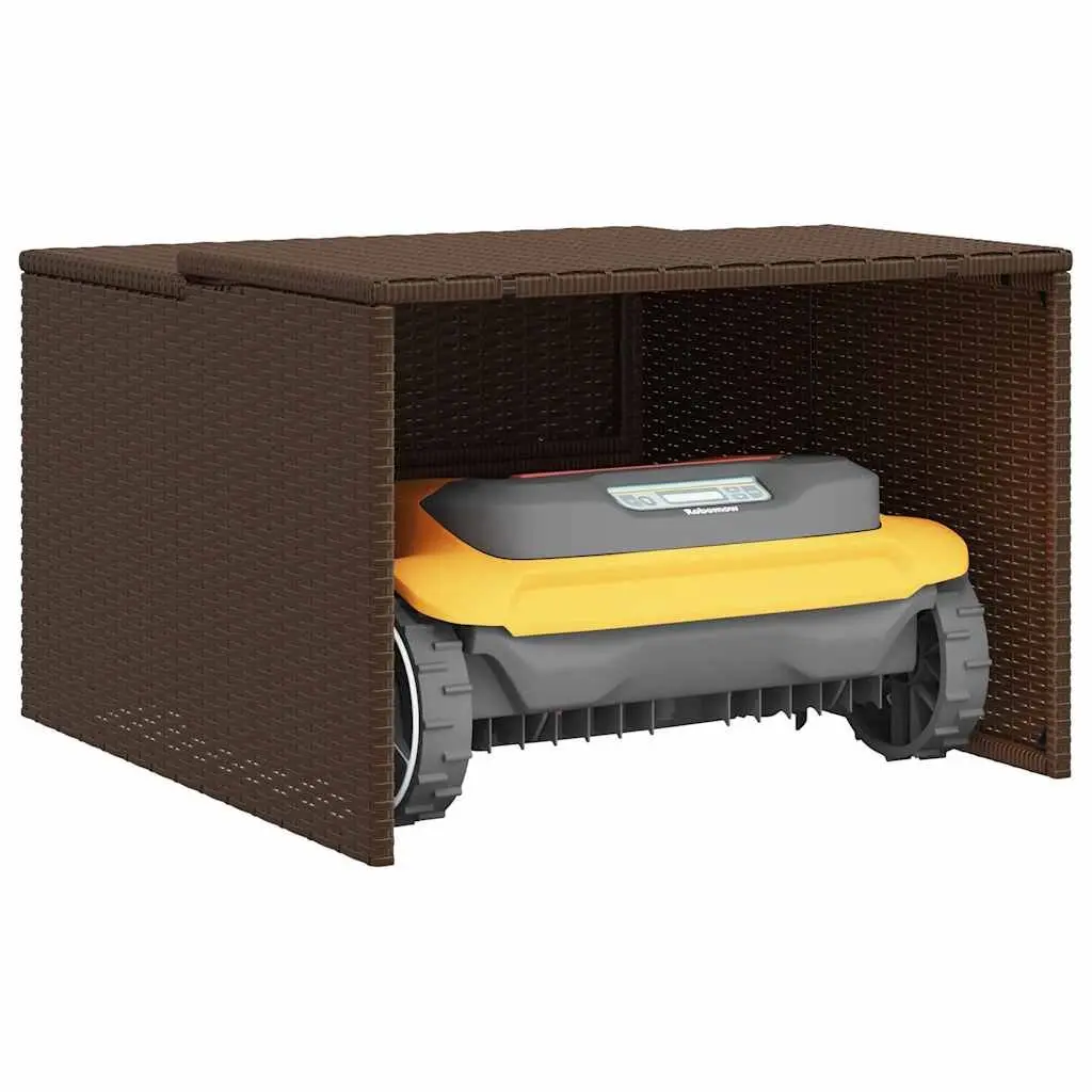 Robot Mower Garage Weather-resistant PE Rattan Brown Outdoor Storage Shed 86 x 90 x 52/57 cm