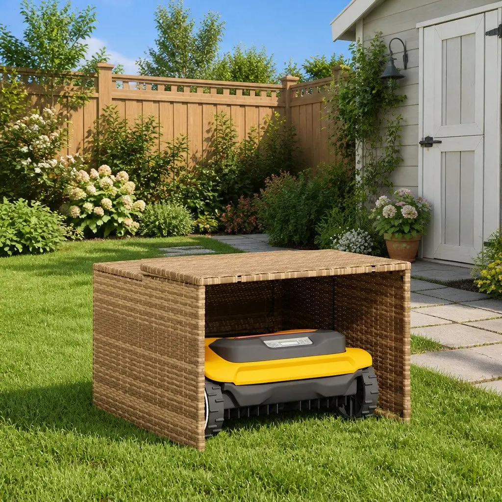 Robot Mower Garage Outdoor Storage Shed Beige Weather Protection 86 x 90 x 52/57 cm