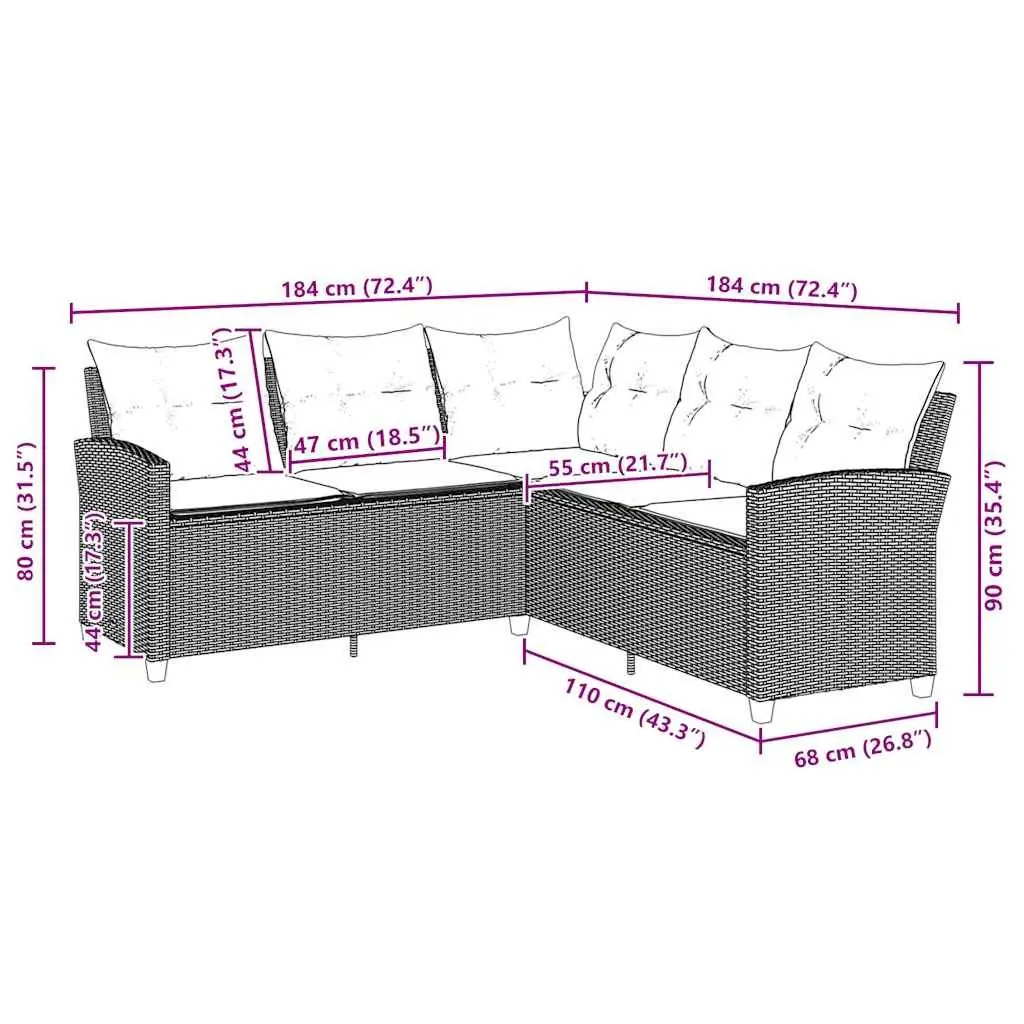 L-Shaped Couch Sofa Grey with Cushions Poly Rattan Outdoor Garden Patio