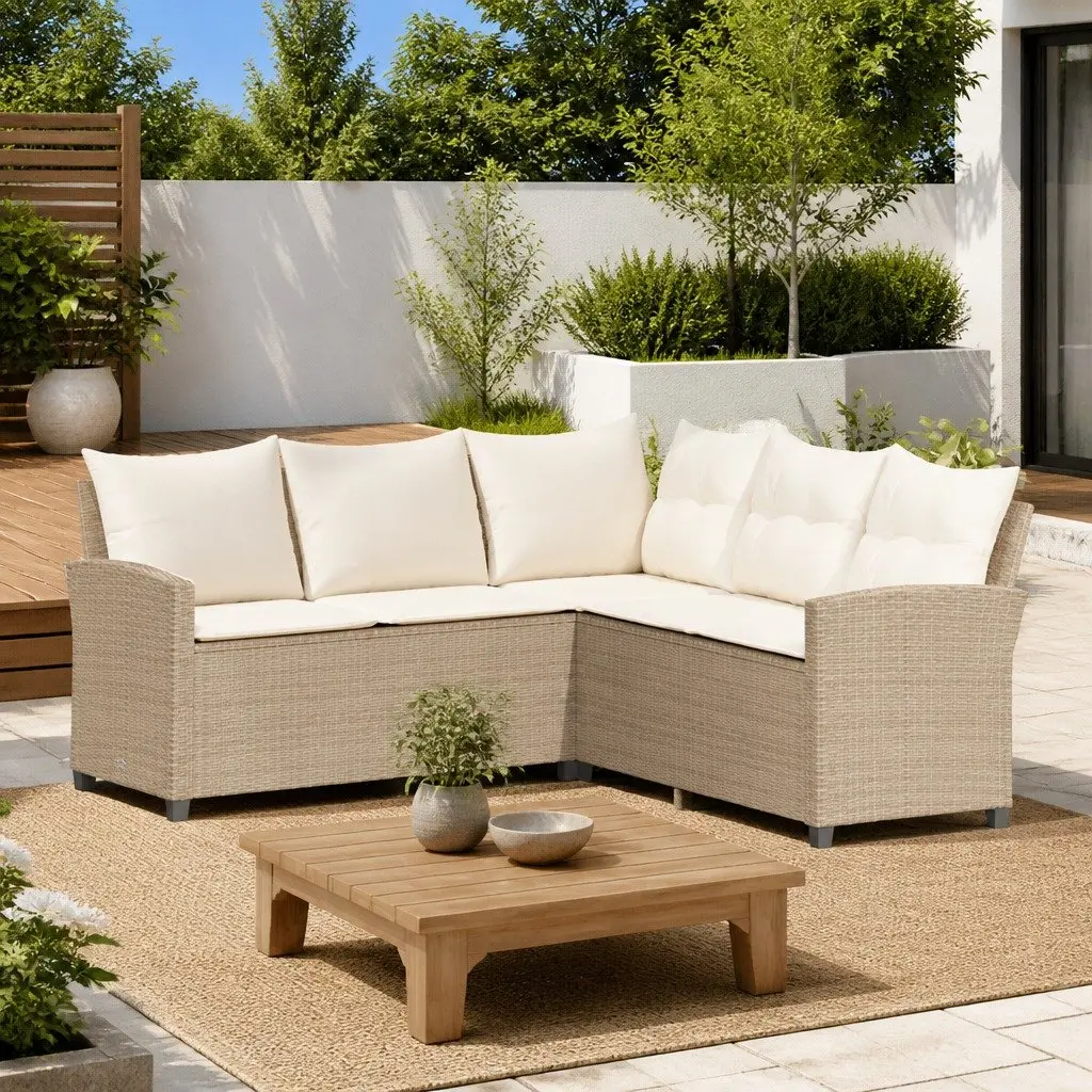 L-Shaped Outdoor Couch Sofa Beige Poly Rattan with Cushions