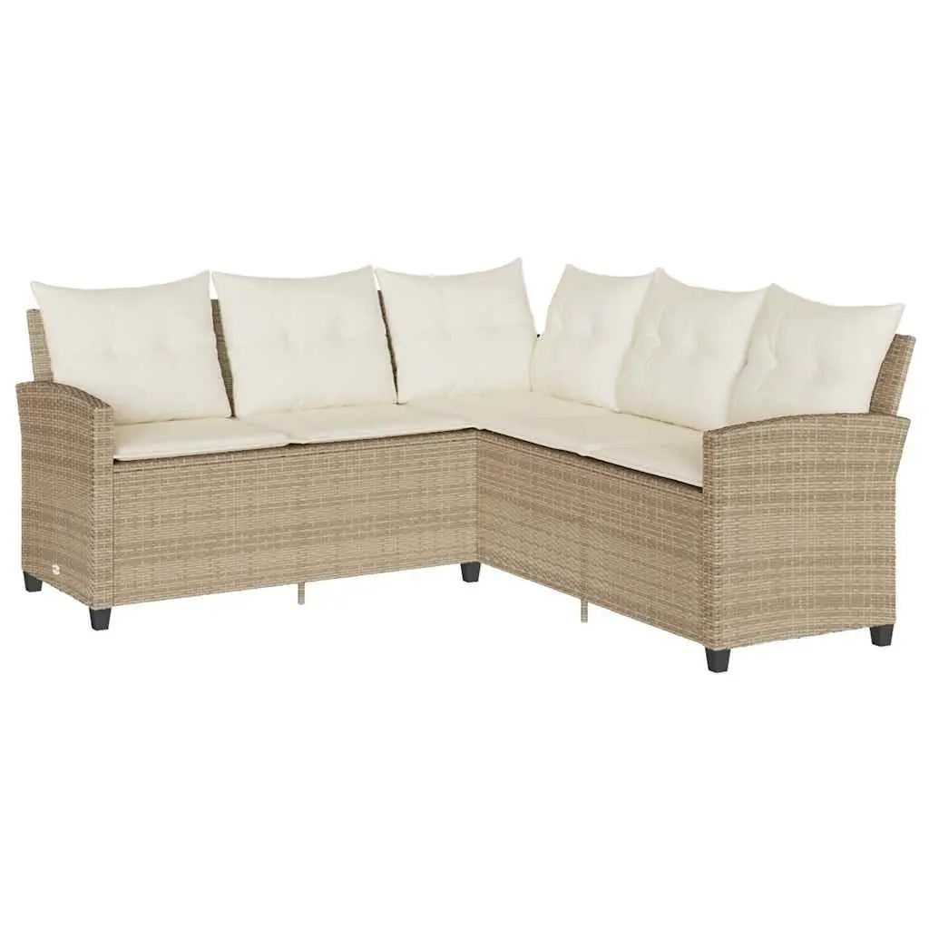 L-Shaped Outdoor Couch Sofa Beige Poly Rattan with Cushions