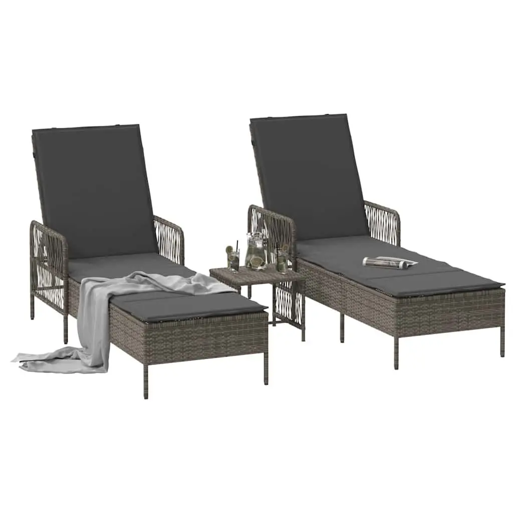Sun Lounger Multi-Position Adjustable Backrest 3 Piece Set Grey Dark Grey Outdoor Garden Patio Lounge Chair
