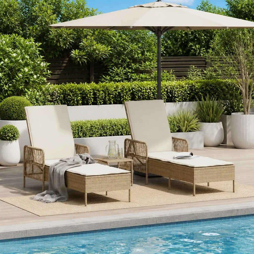 Sun Lounger Set 3 Pcs Beige Outdoor Chaise Lounge Garden Patio Reclining Chair