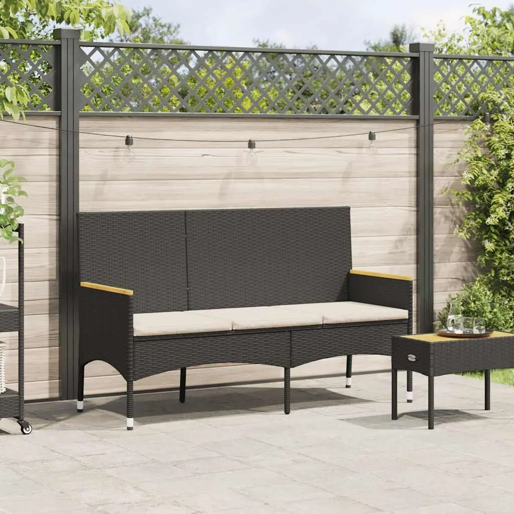 Garden Bench 3-Seater Outdoor Patio Furniture with Cushions Black Rattan