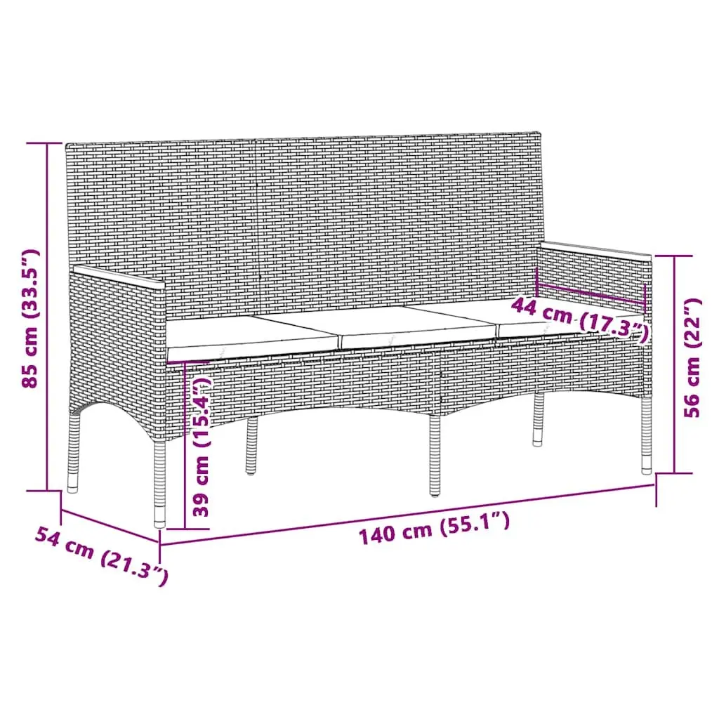Garden Bench 3-Seater Outdoor Patio Furniture with Cushions Black Rattan
