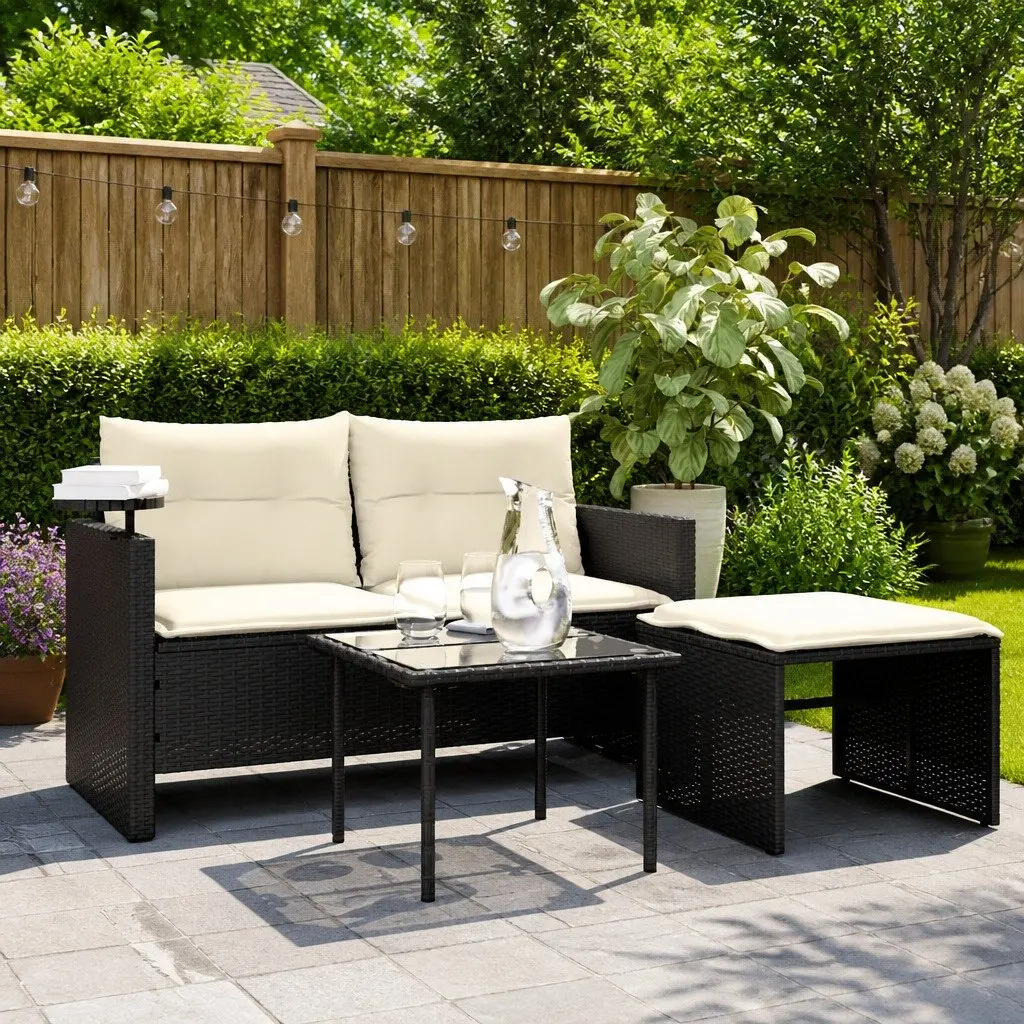 Outdoor Sofa Set 3 Piece Black Garden Furniture with Cushions and Side Table