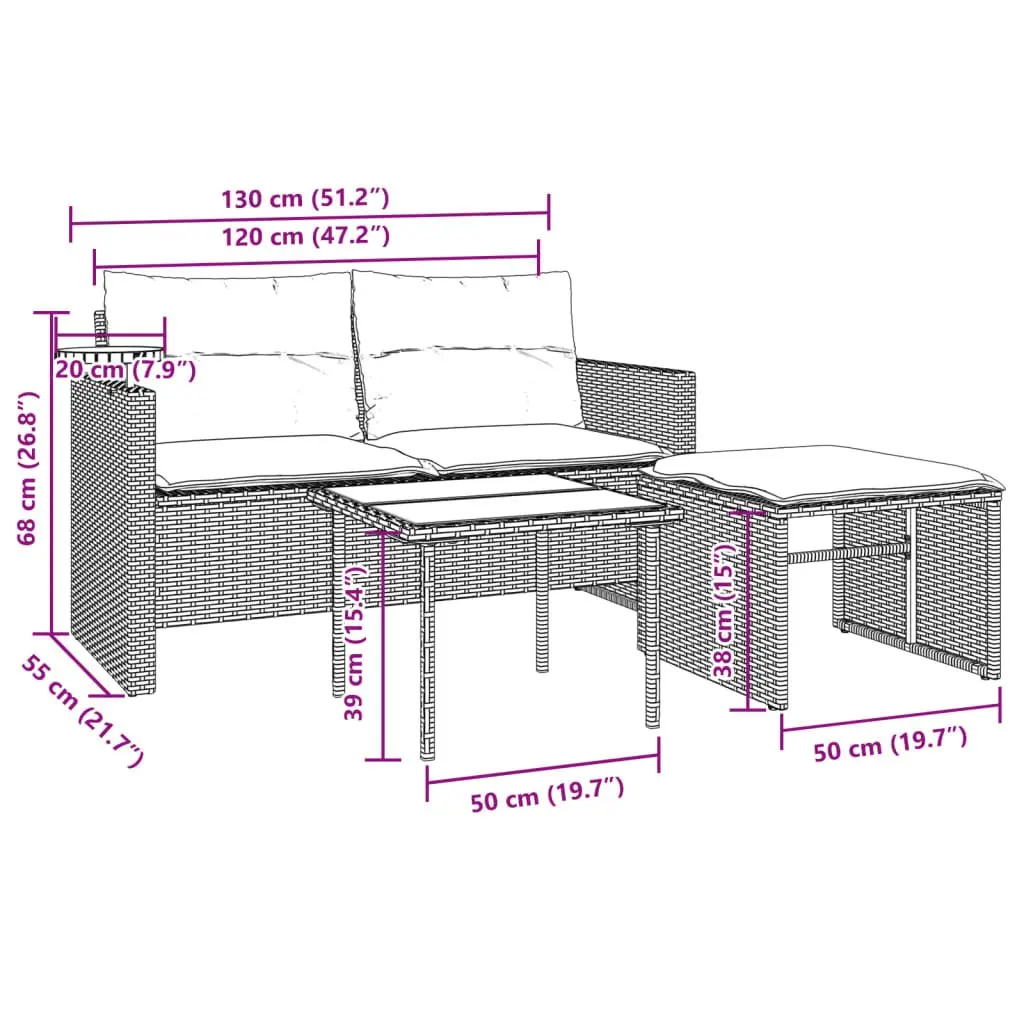 Outdoor Sofa Set 3 Piece Black Garden Furniture with Cushions and Side Table