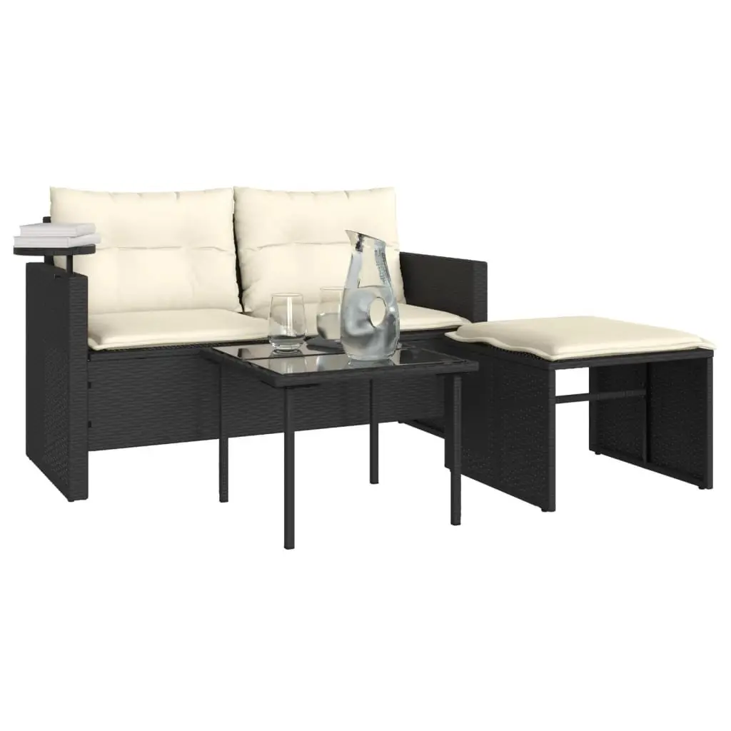Outdoor Sofa Set 3 Piece Black Garden Furniture with Cushions and Side Table