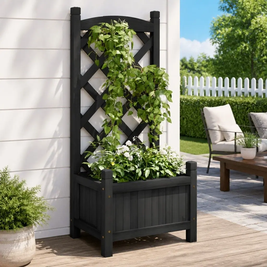 Wooden Planter with Trellis Black Solid Fir Outdoor Garden Climbing Plants