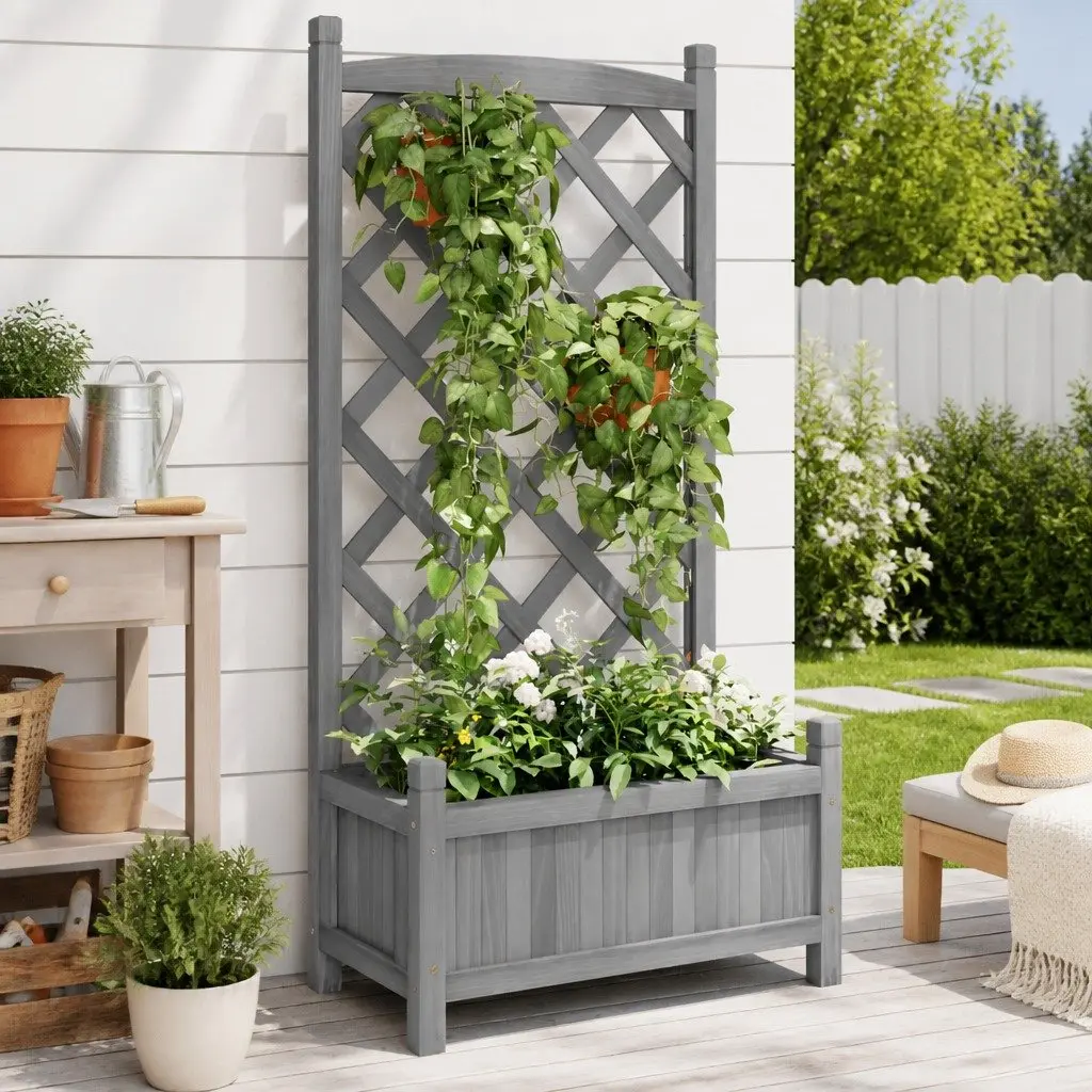 Grey Wooden Planter with Trellis