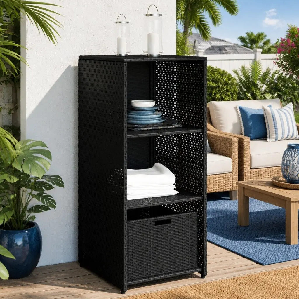 Garden Storage Cabinet Black Outdoor Poly Rattan with 2 Shelves and 1 Drawer 50W x 55D x 115H cm