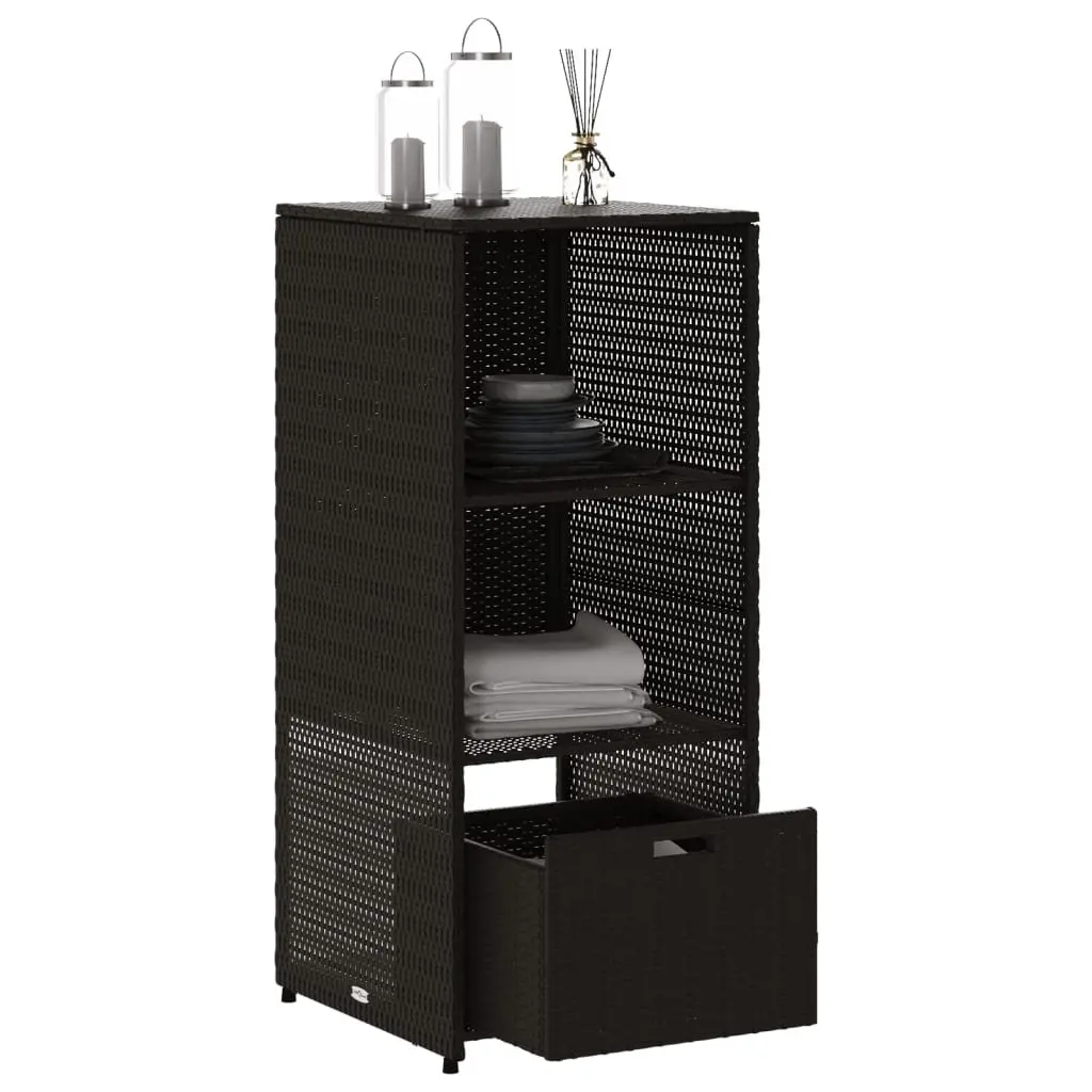 Garden Storage Cabinet Black Outdoor Poly Rattan with 2 Shelves and 1 Drawer 50W x 55D x 115H cm