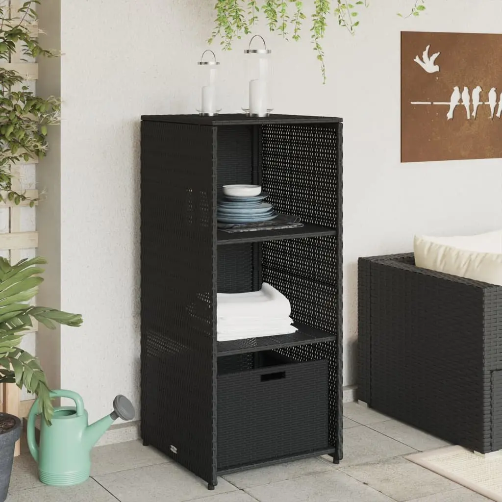 Garden Storage Cabinet Black Outdoor Poly Rattan with 2 Shelves and 1 Drawer 50W x 55D x 115H cm