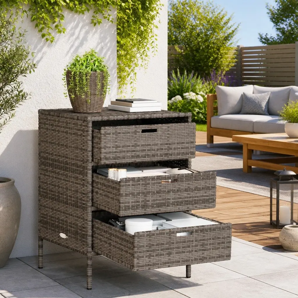 Garden Storage Cabinet Poly Rattan 3 Drawer Grey Outdoor Organiser