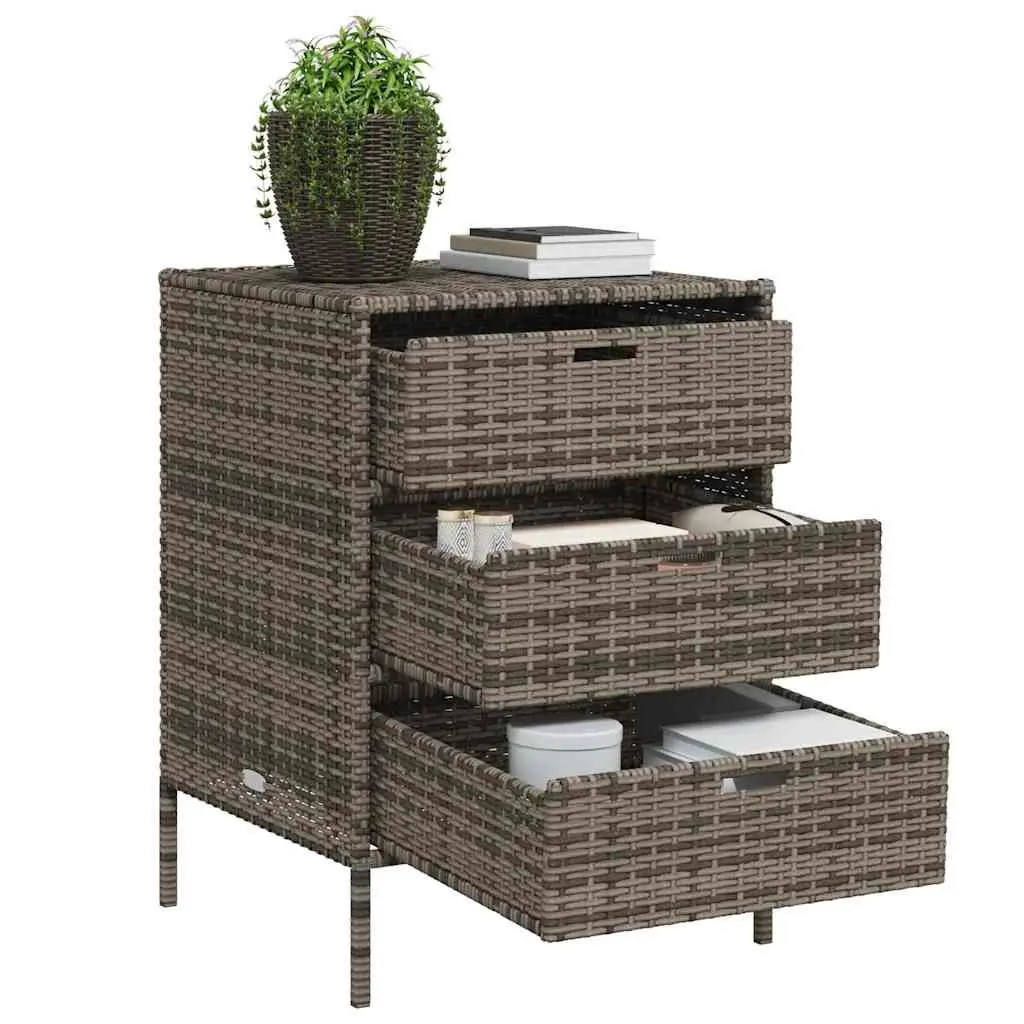 Garden Storage Cabinet Poly Rattan 3 Drawer Grey Outdoor Organiser