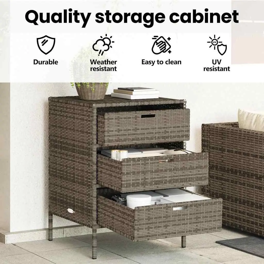 Garden Storage Cabinet Poly Rattan 3 Drawer Grey Outdoor Organiser