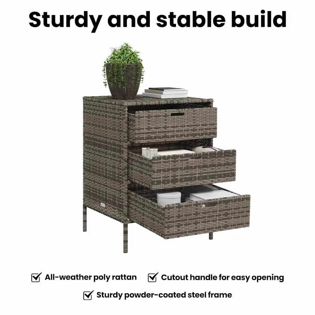 Garden Storage Cabinet Poly Rattan 3 Drawer Grey Outdoor Organiser