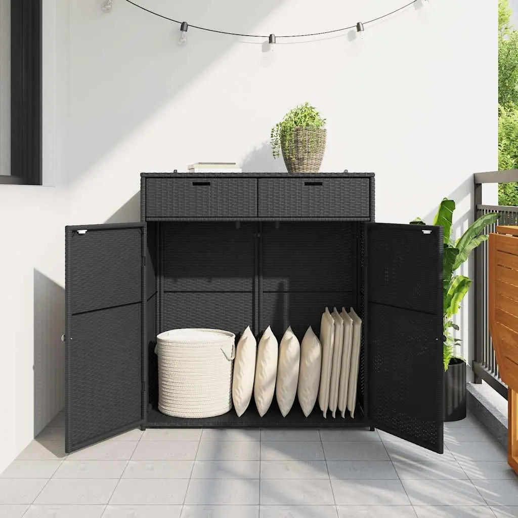 Outdoor Storage Box Weather Resistant Poly Rattan Black for Garden Cushions and Tools 105x55x113cm