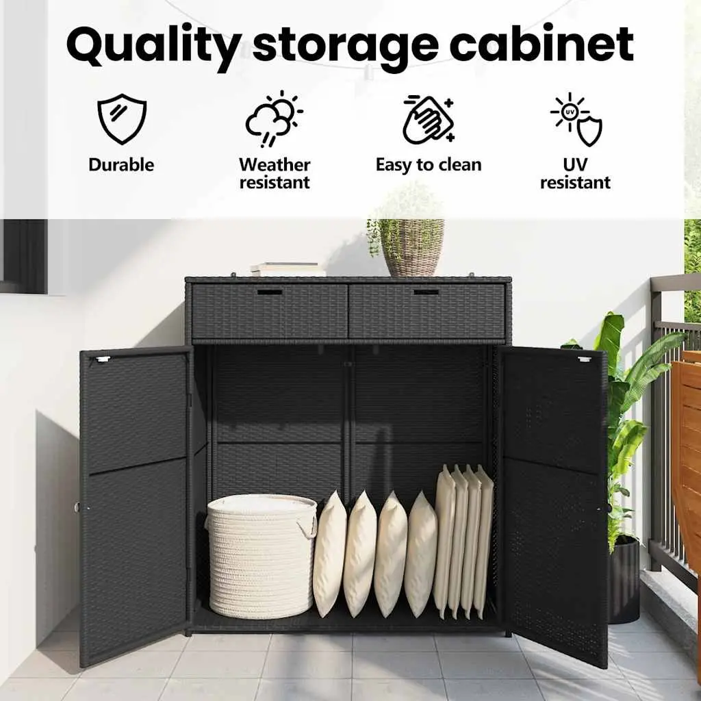Outdoor Storage Box Weather Resistant Poly Rattan Black for Garden Cushions and Tools 105x55x113cm