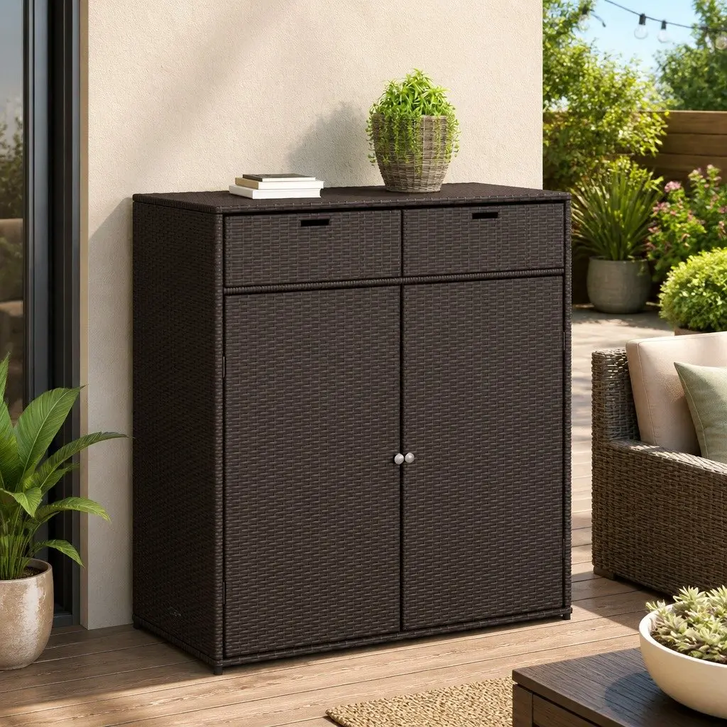 Garden Storage Cabinet Brown Outdoor Furniture Rattan Cupboard Patio Organiser