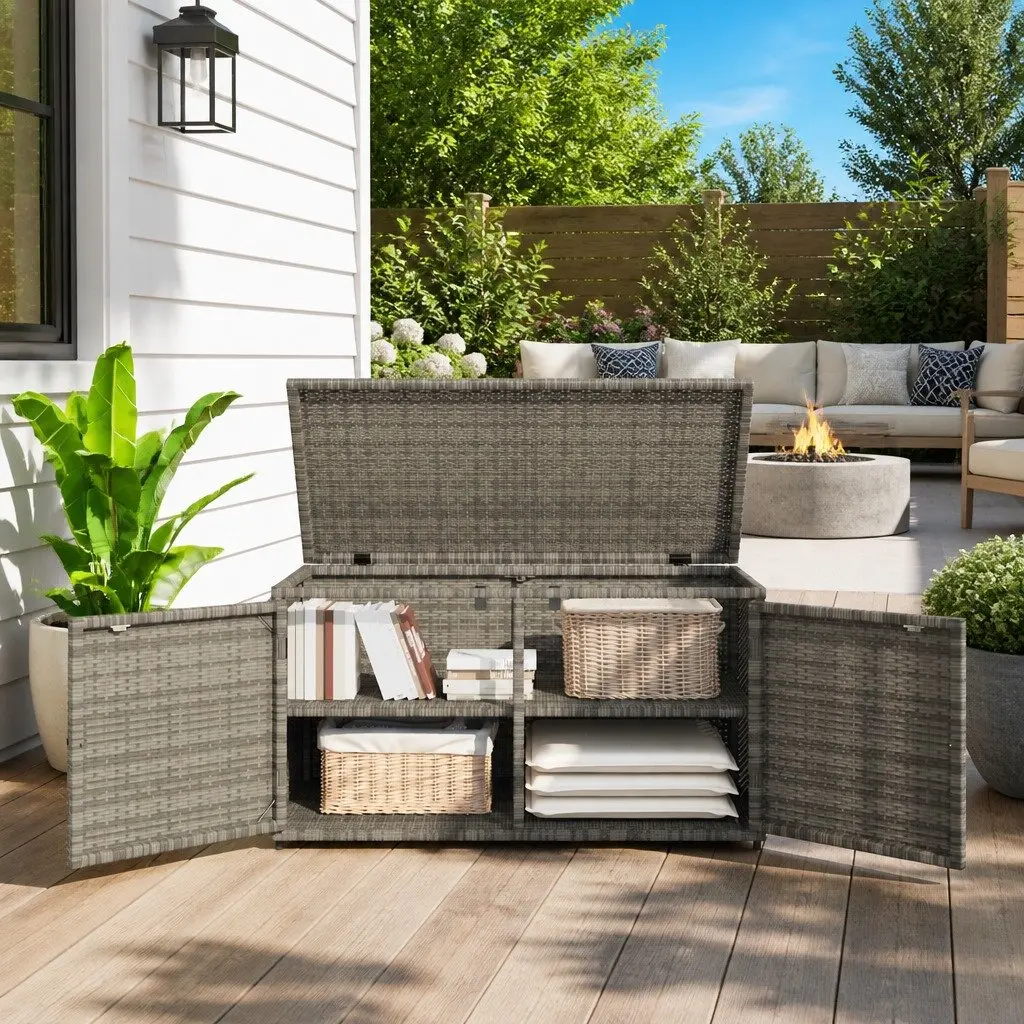 Grey Outdoor Poly Rattan Garden Storage Cabinet with Two Doors 110x55x60.5cm