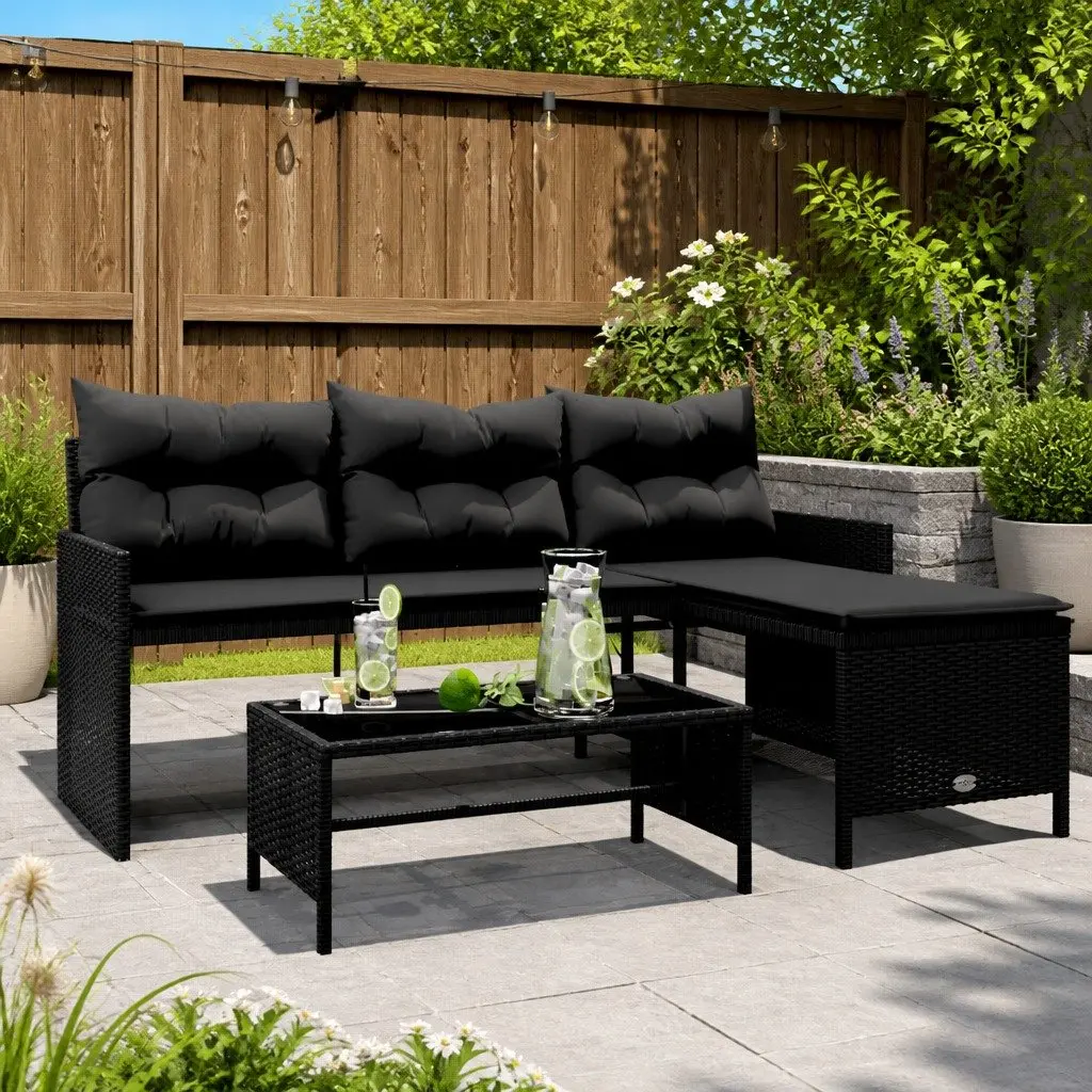 L-Shaped Garden Sofa Set with Table and Cushions Black Poly Rattan Outdoor