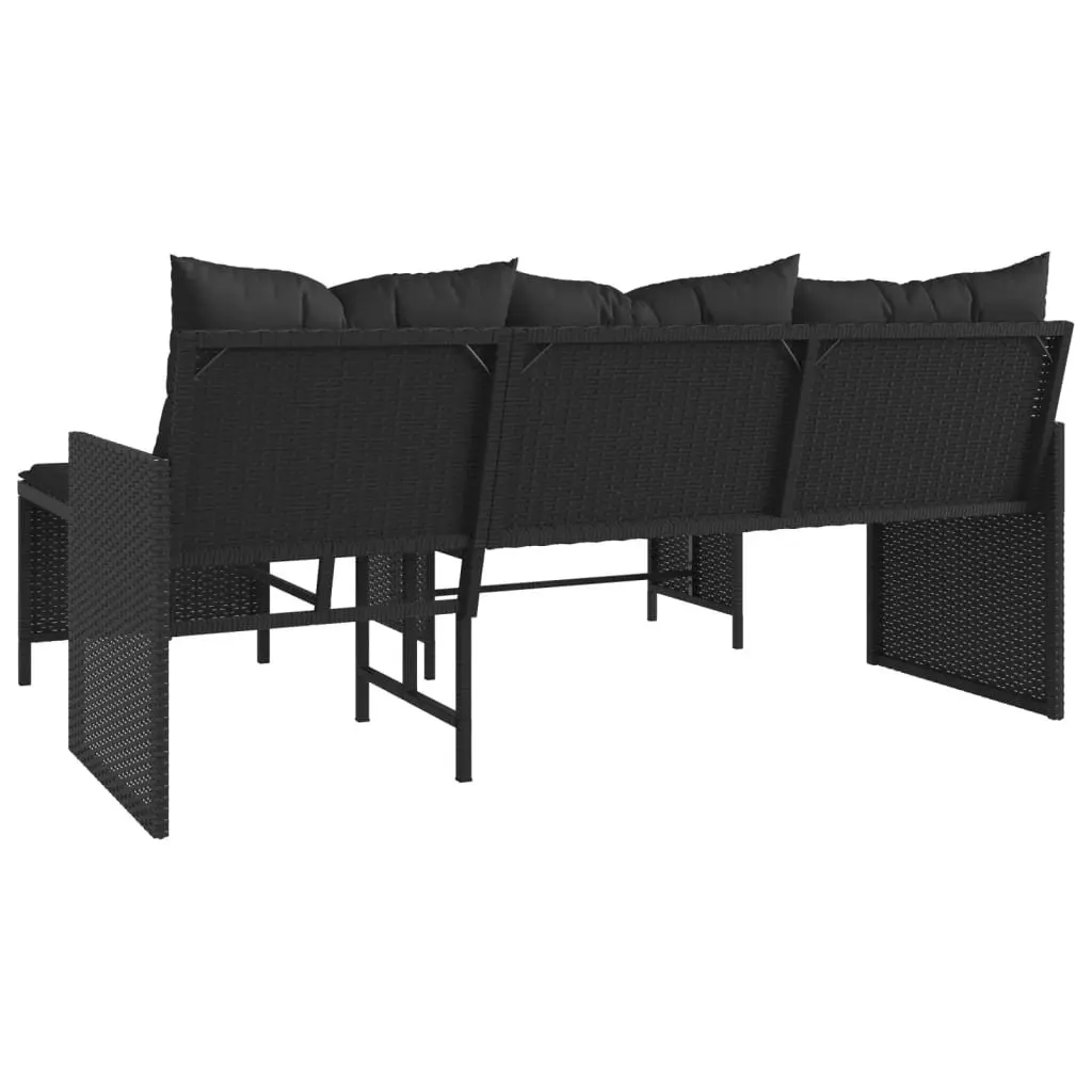 L-Shaped Garden Sofa Set with Table and Cushions Black Poly Rattan Outdoor