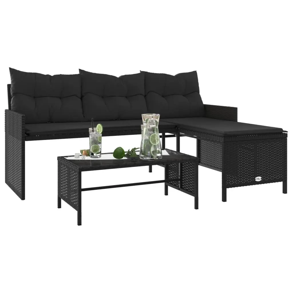 L-Shaped Garden Sofa Set with Table and Cushions Black Poly Rattan Outdoor
