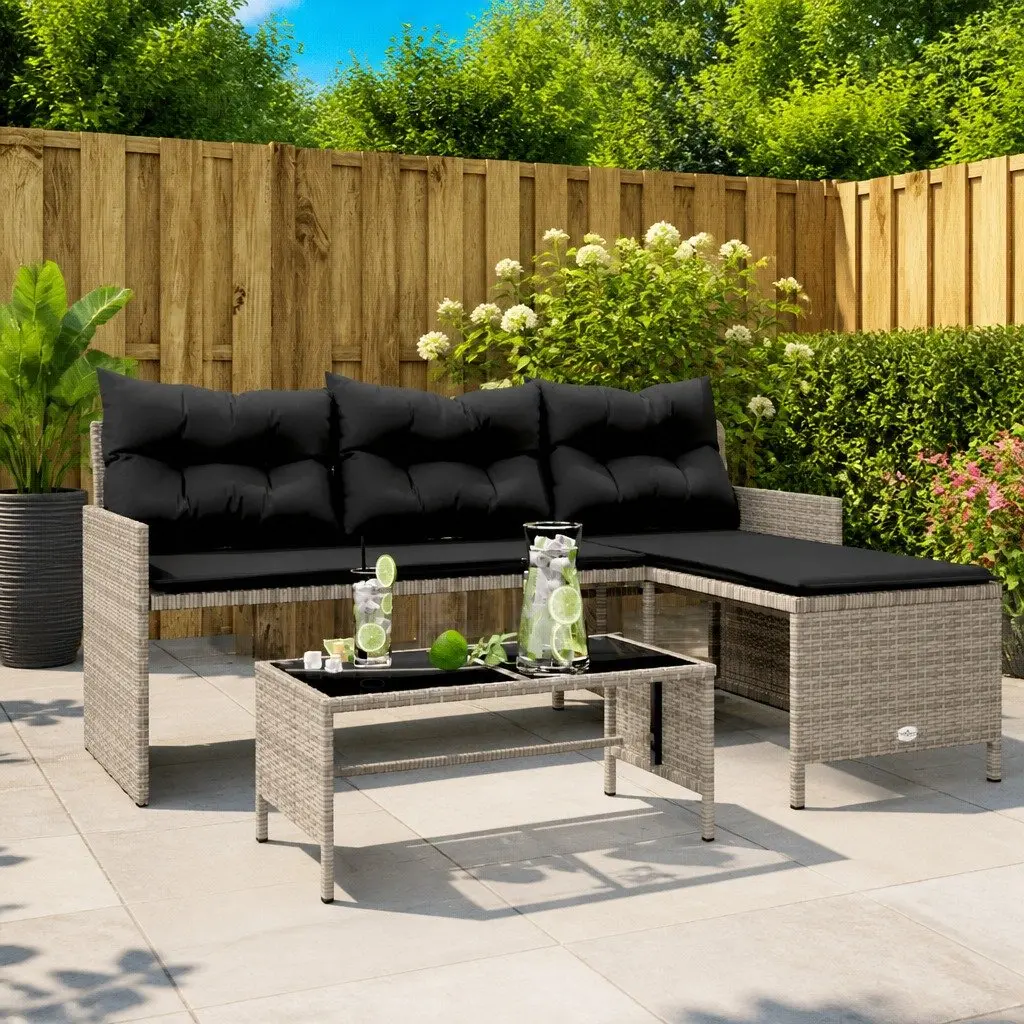 L-Shaped Garden Sofa Set Grey Poly Rattan with Table and Cushions
