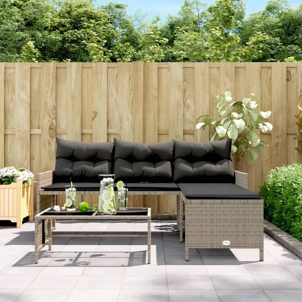 L-Shaped Garden Sofa Set Grey Poly Rattan with Table and Cushions